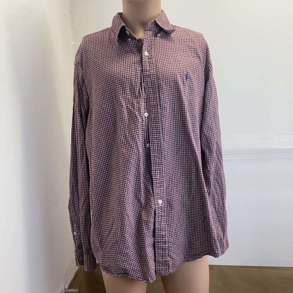 RALPH LAUREN Mens  Button Up Shirt Red White Check Classic Fit Size XL Used